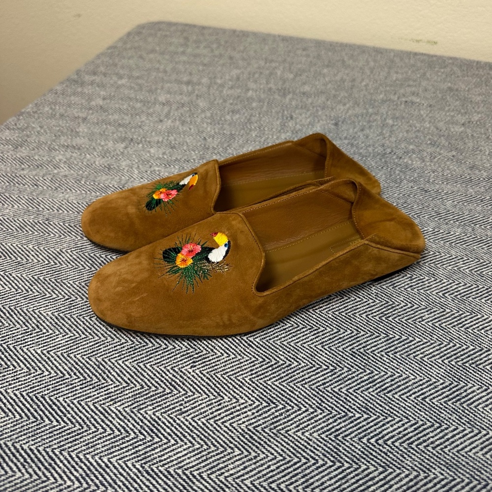 Aquazzura Suede Embroidered Toucan Tropical Accent Loafers - Picture 3 of 9
